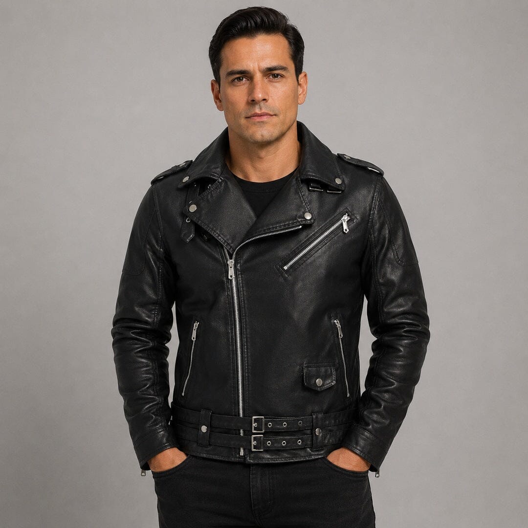 Bikerjacke Herren Schwarz mit Reverskragen und Gürtel Bikerjacke Herren Schwarz mit Reverskragen und Gürtel Eldenmark