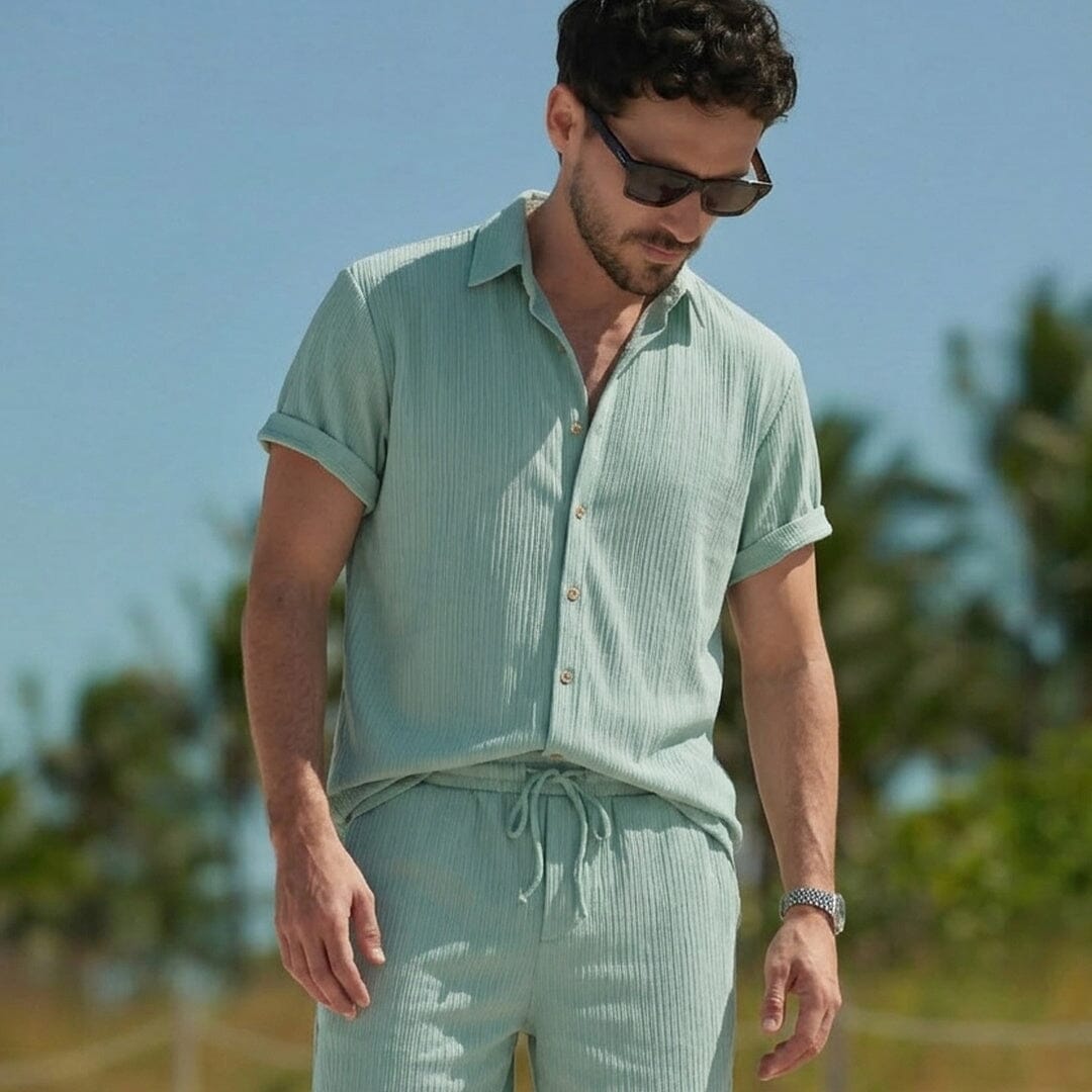 Herren Set Kurzarmhemd mit Shorts in Waffeloptik Herren Set Kurzarmhemd mit Shorts in Waffeloptik Eldenmark