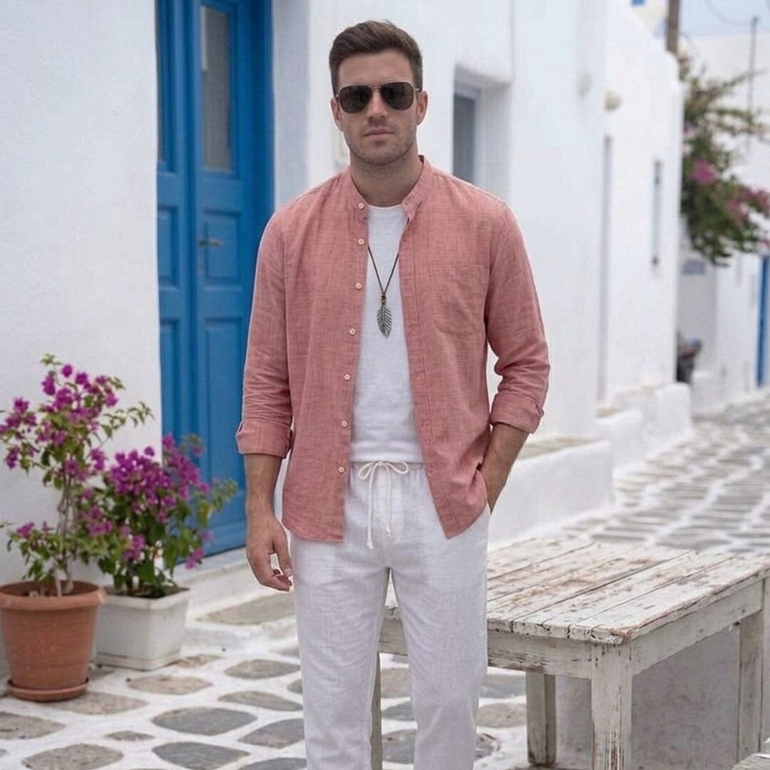 Herren Set Langarmhemd mit Stehkragen und Leinenhose Herren Set Langarmhemd mit Stehkragen und Leinenhose Eldenmark