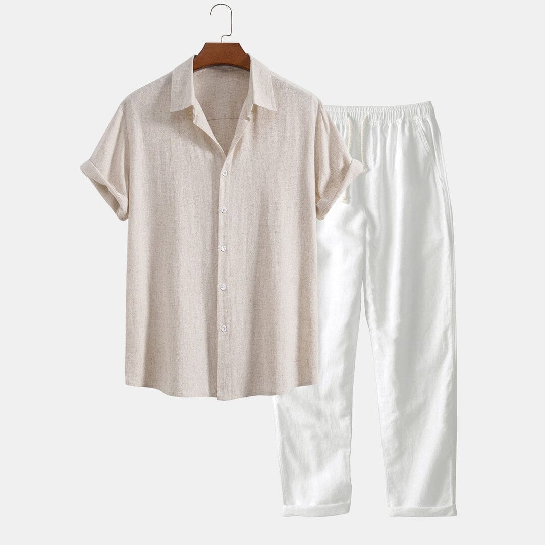 Herren Set Leinenhemd Kurzarm mit Sommerhose Herren Set Leinenhemd Kurzarm mit Sommerhose Eldenmark Beige S