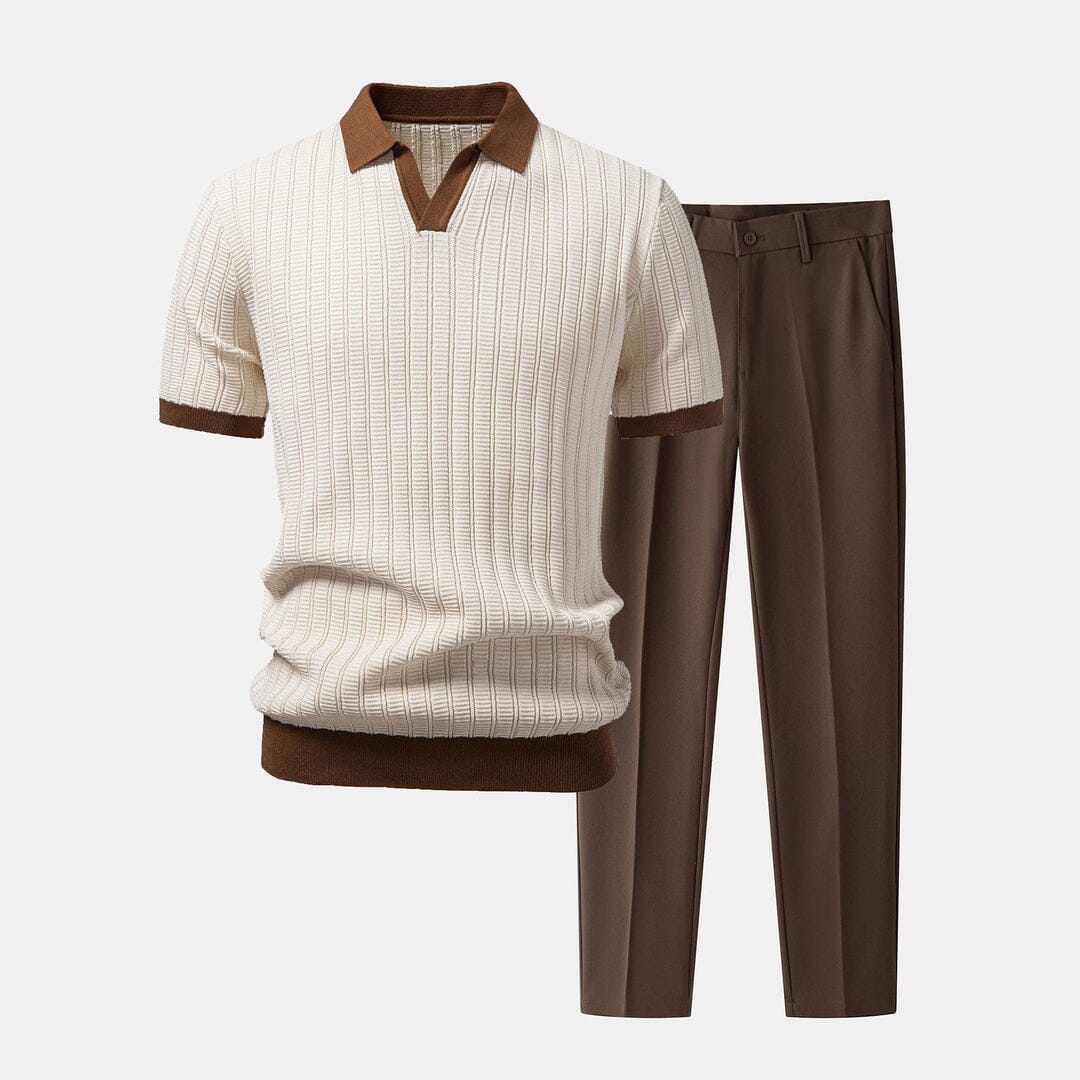 Herren Set Strickpolo mit Anzughose Slim Fit Herren Set Strickpolo mit Anzughose Slim Fit Eldenmark Beige S