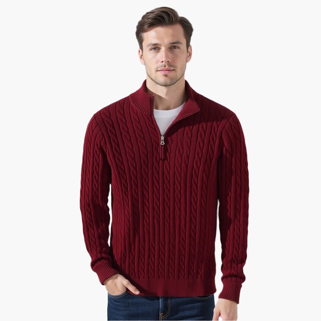 Herren Strickpullover Zopfmuster mit kurzem Reißverschluss Herren Strickpullover Zopfmuster mit kurzem Reißverschluss Eldenmark