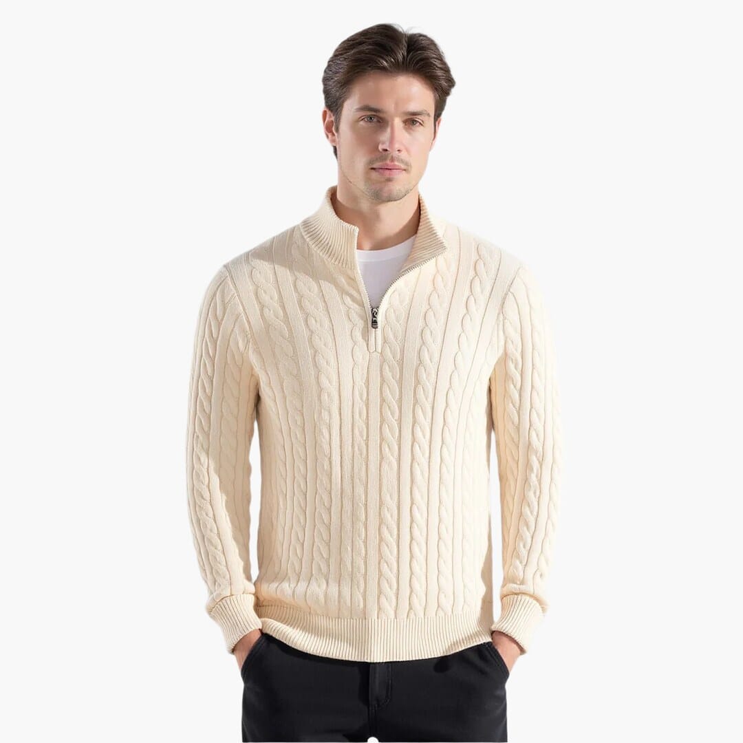 Herren Strickpullover Zopfmuster mit kurzem Reißverschluss Herren Strickpullover Zopfmuster mit kurzem Reißverschluss Eldenmark