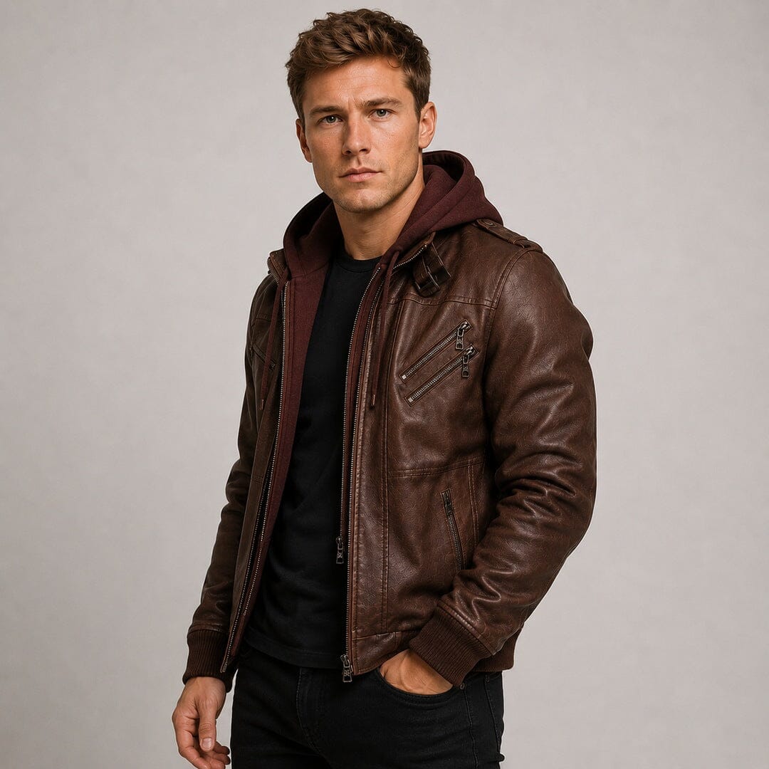 Lederjacke Herren Braun mit Abnehmbarer Kapuze Lederjacke Herren Braun mit Abnehmbarer Kapuze Eldenmark