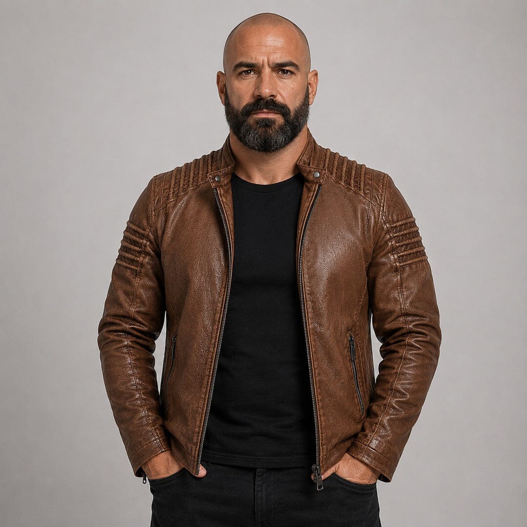 Lederjacke Herren Braun Slim Fit mit Stehkragen Lederjacke Herren Braun Slim Fit mit Stehkragen Eldenmark