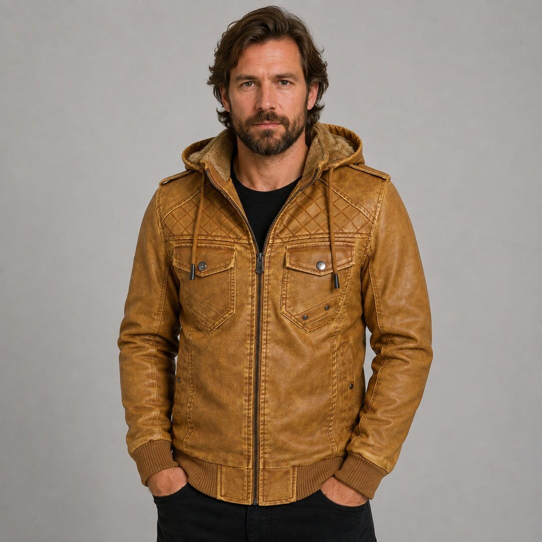 Lederjacke Herren Camel mit Kapuze und Bändchen Lederjacke Herren Camel mit Kapuze und Bändchen Eldenmark