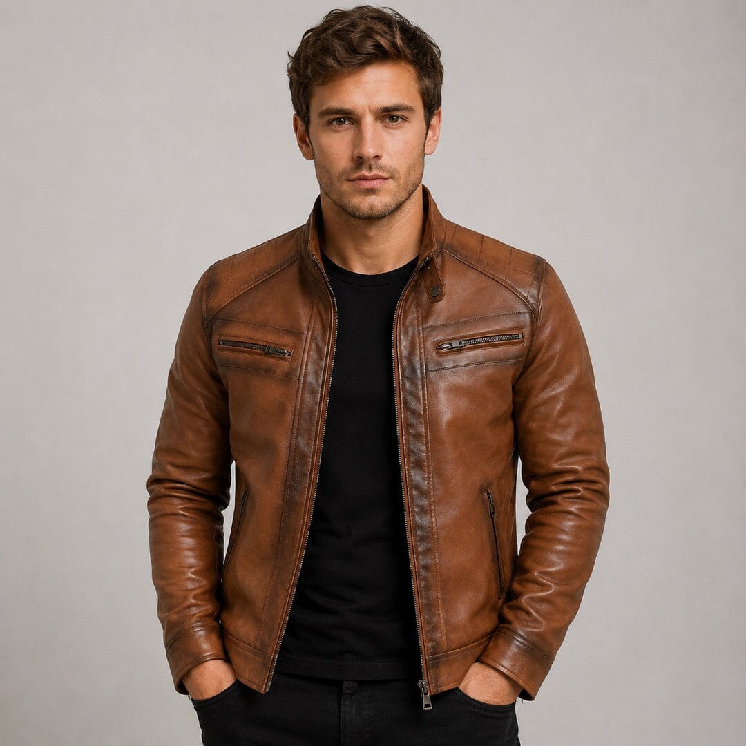 Lederjacke Herren Cognac mit Gesteppten Schultern Lederjacke Herren Cognac mit Gesteppten Schultern Eldenmark