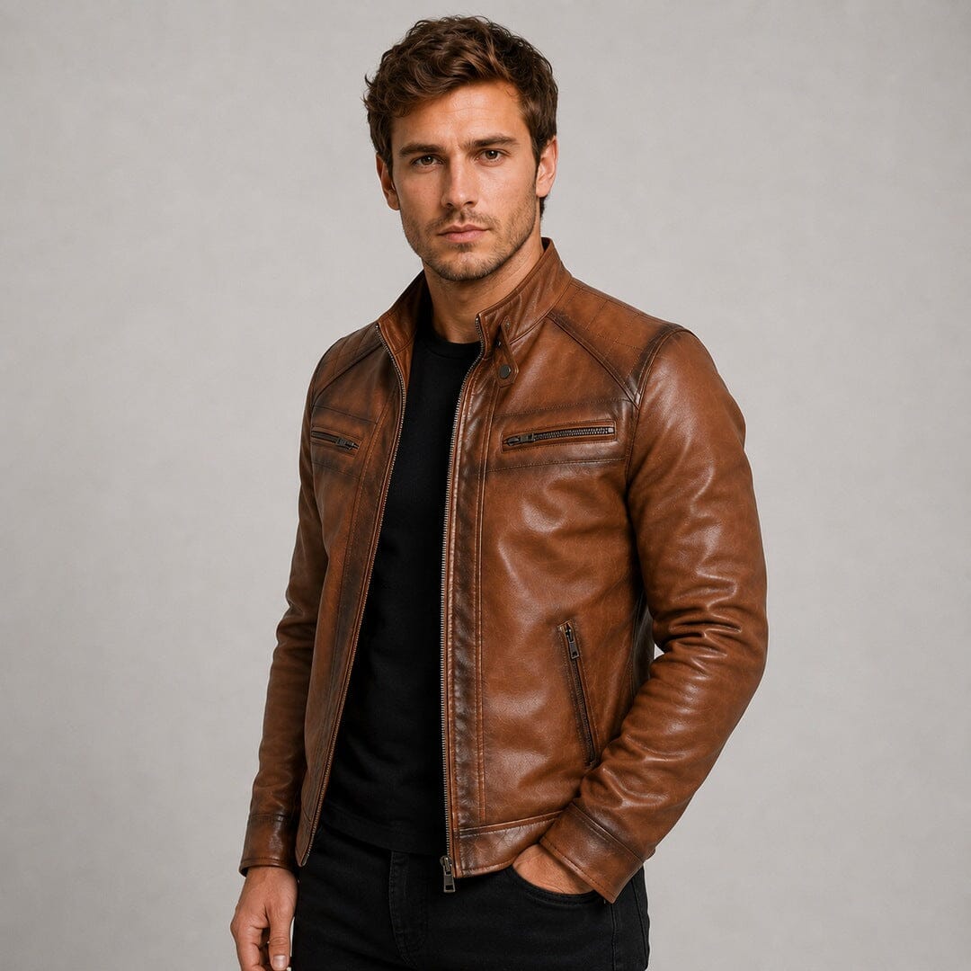 Lederjacke Herren Cognac mit Gesteppten Schultern Lederjacke Herren Cognac mit Gesteppten Schultern Eldenmark