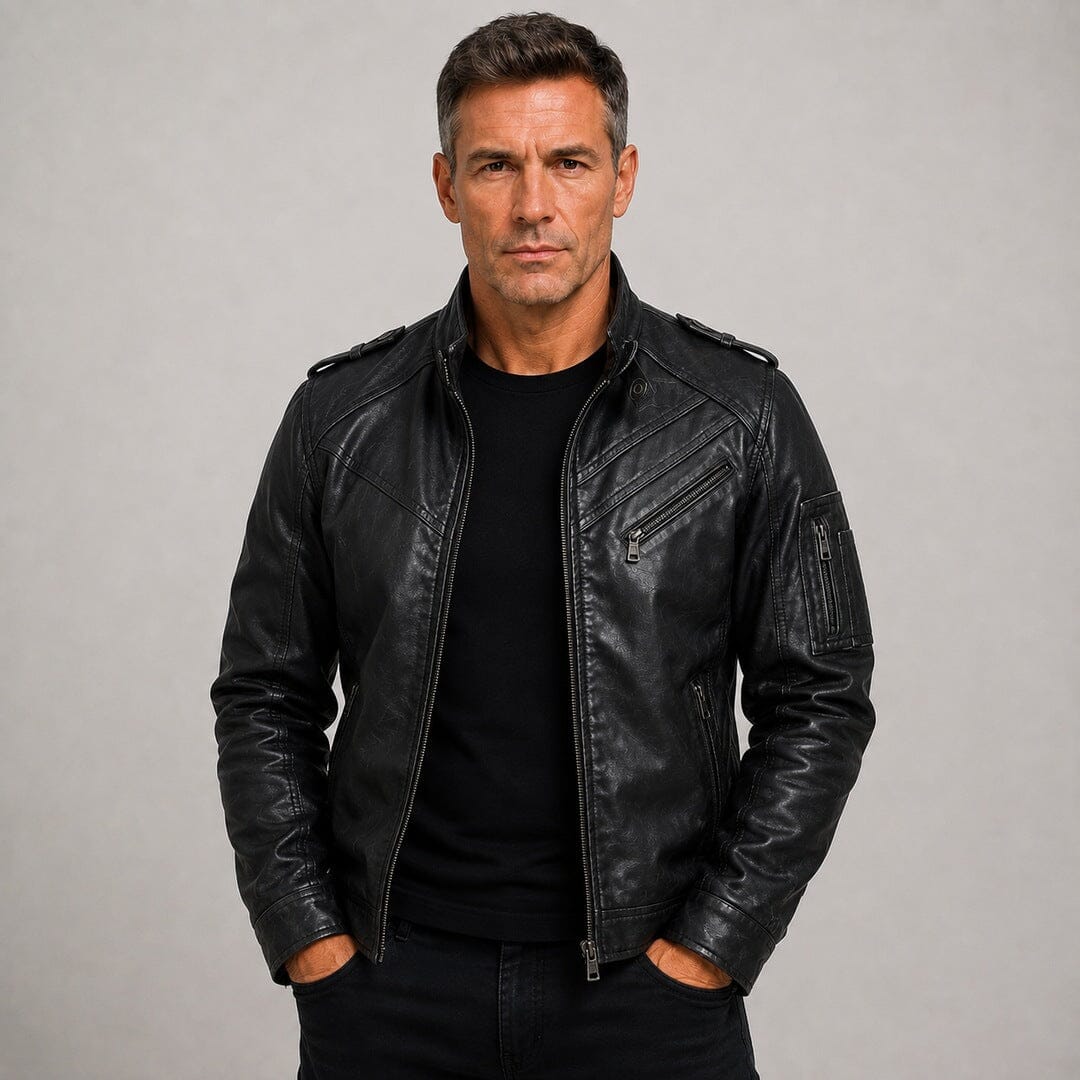 Lederjacke Herren Schwarz Biker mit Ärmeltasche Lederjacke Herren Schwarz Biker mit Ärmeltasche Eldenmark
