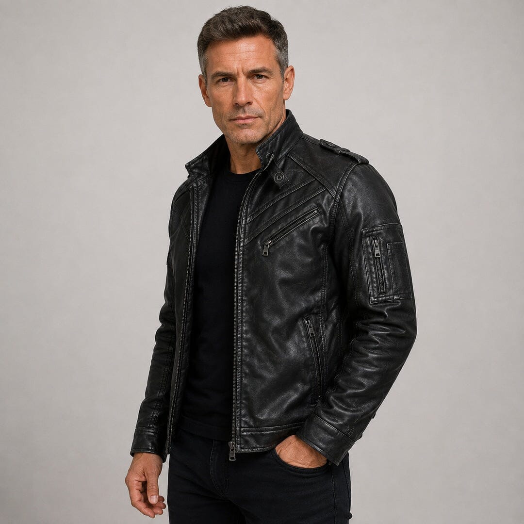 Lederjacke Herren Schwarz Biker mit Ärmeltasche Lederjacke Herren Schwarz Biker mit Ärmeltasche Eldenmark