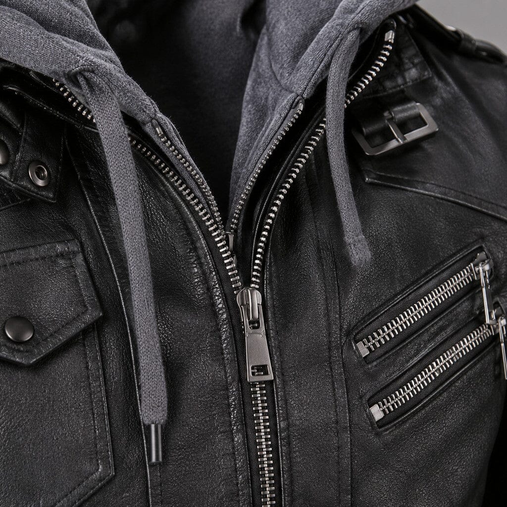 Lederjacke Herren Schwarz mit Abnehmbarer Kapuze Lederjacke Herren Schwarz mit Abnehmbarer Kapuze Eldenmark