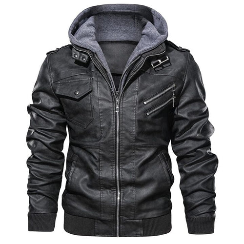 Lederjacke Herren Schwarz mit Abnehmbarer Kapuze
