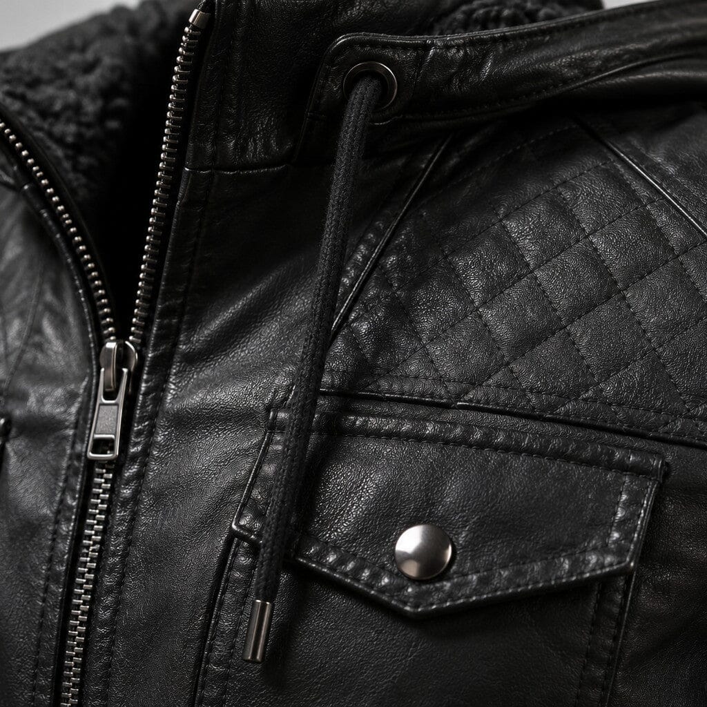 Lederjacke Herren Schwarz mit Kapuze und Bändchen Lederjacke Herren Schwarz mit Kapuze und Bändchen Eldenmark