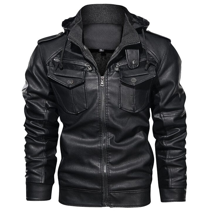 Lederjacke Herren Schwarz mit Kapuze und Brusttaschen Lederjacke Herren Schwarz mit Kapuze und Brusttaschen Eldenmark S Schwarz