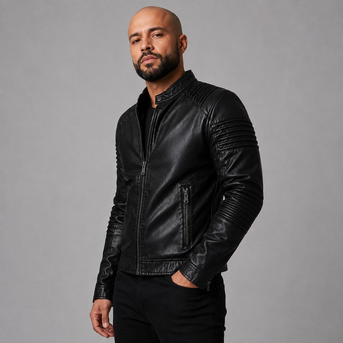 Lederjacke Herren Schwarz Slim Fit mit Stehkragen Lederjacke Herren Schwarz Slim Fit mit Stehkragen Eldenmark