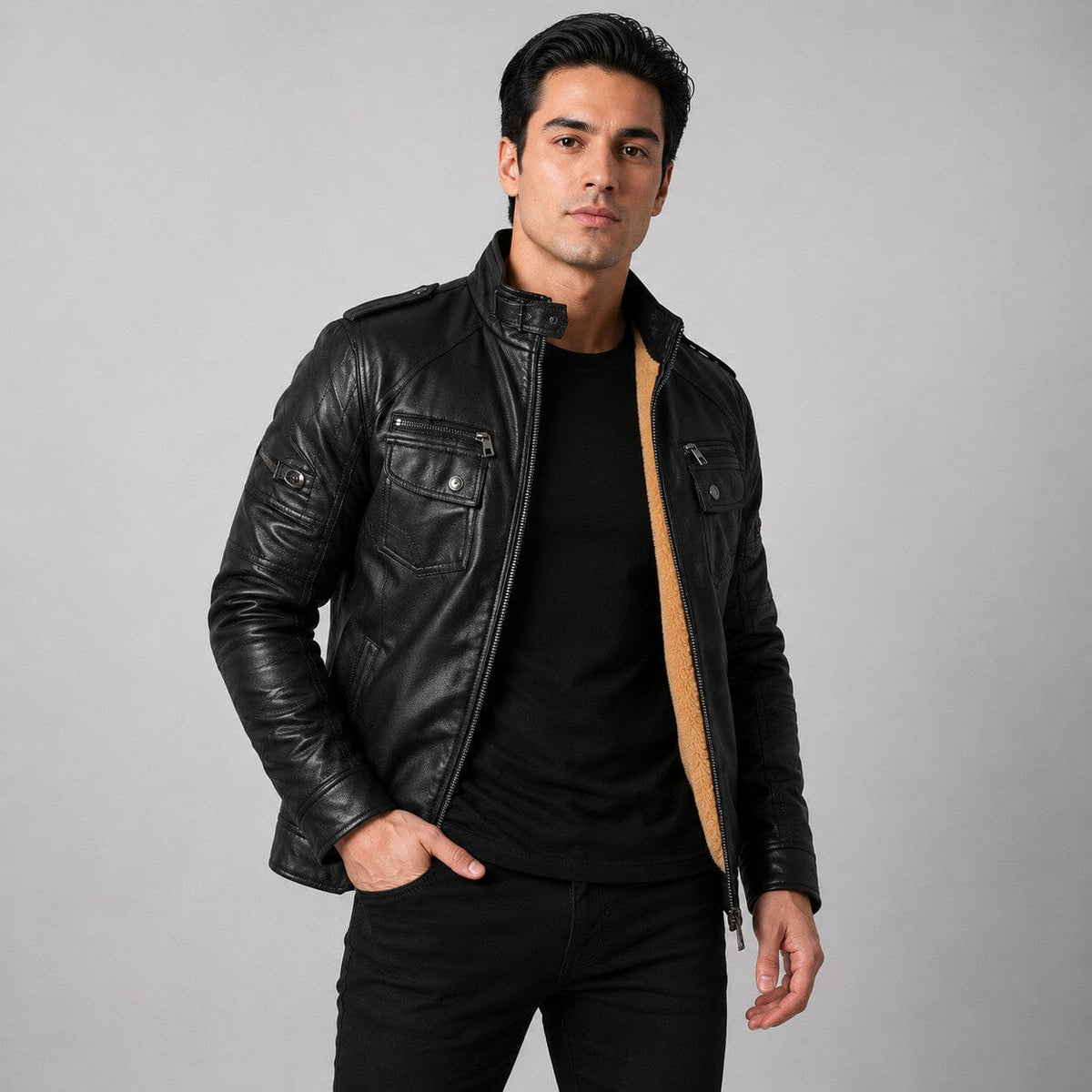 Bikerjacke Herren Schwarz Gefüttert mit Teddyfutter Bikerjacke Herren Schwarz Gefüttert mit Teddyfutter Eldenmark 