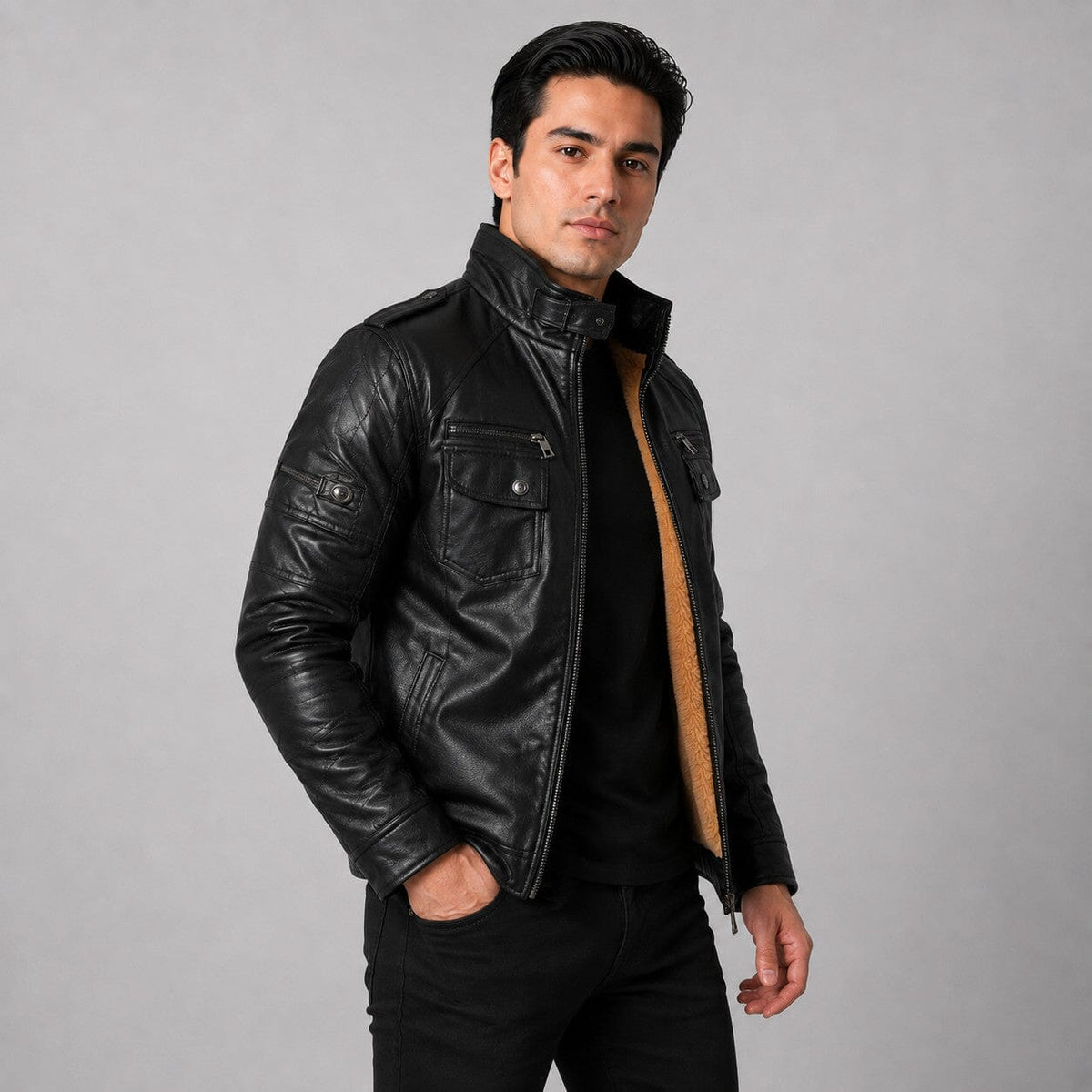 Bikerjacke Herren Schwarz Gefüttert mit Teddyfutter Bikerjacke Herren Schwarz Gefüttert mit Teddyfutter Eldenmark 