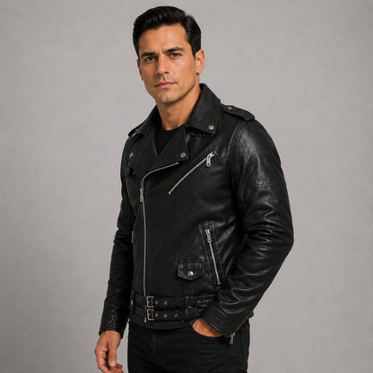 Bikerjacke Herren Schwarz mit Reverskragen und Gürtel Bikerjacke Herren Schwarz mit Reverskragen und Gürtel Eldenmark 