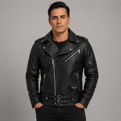 Bikerjacke Herren Schwarz mit Reverskragen und Gürtel Bikerjacke Herren Schwarz mit Reverskragen und Gürtel Eldenmark 