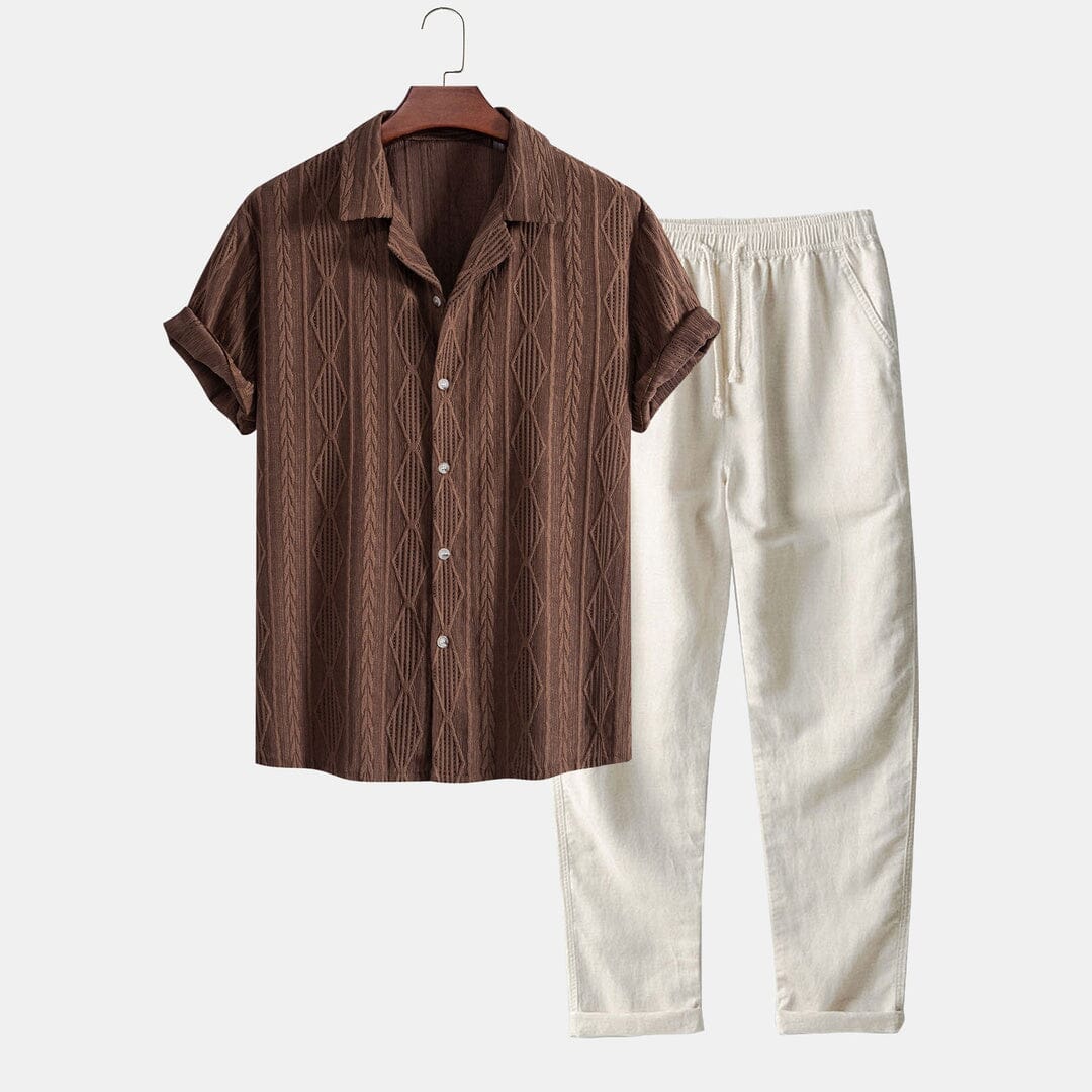 Herren Set Kubahemd mit Leinenhose Struktur Herren Set Kubahemd mit Leinenhose Struktur Eldenmark Kaffeebraun S 