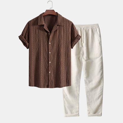 Herren Set Kubahemd mit Leinenhose Struktur Herren Set Kubahemd mit Leinenhose Struktur Eldenmark Kaffeebraun S 