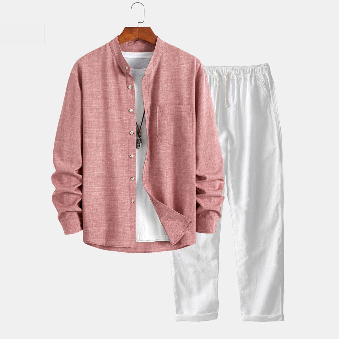 Herren Set Langarmhemd mit Stehkragen und Leinenhose Herren Set Langarmhemd mit Stehkragen und Leinenhose Eldenmark 