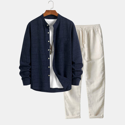 Herren Set Langarmhemd mit Stehkragen und Leinenhose Herren Set Langarmhemd mit Stehkragen und Leinenhose Eldenmark 