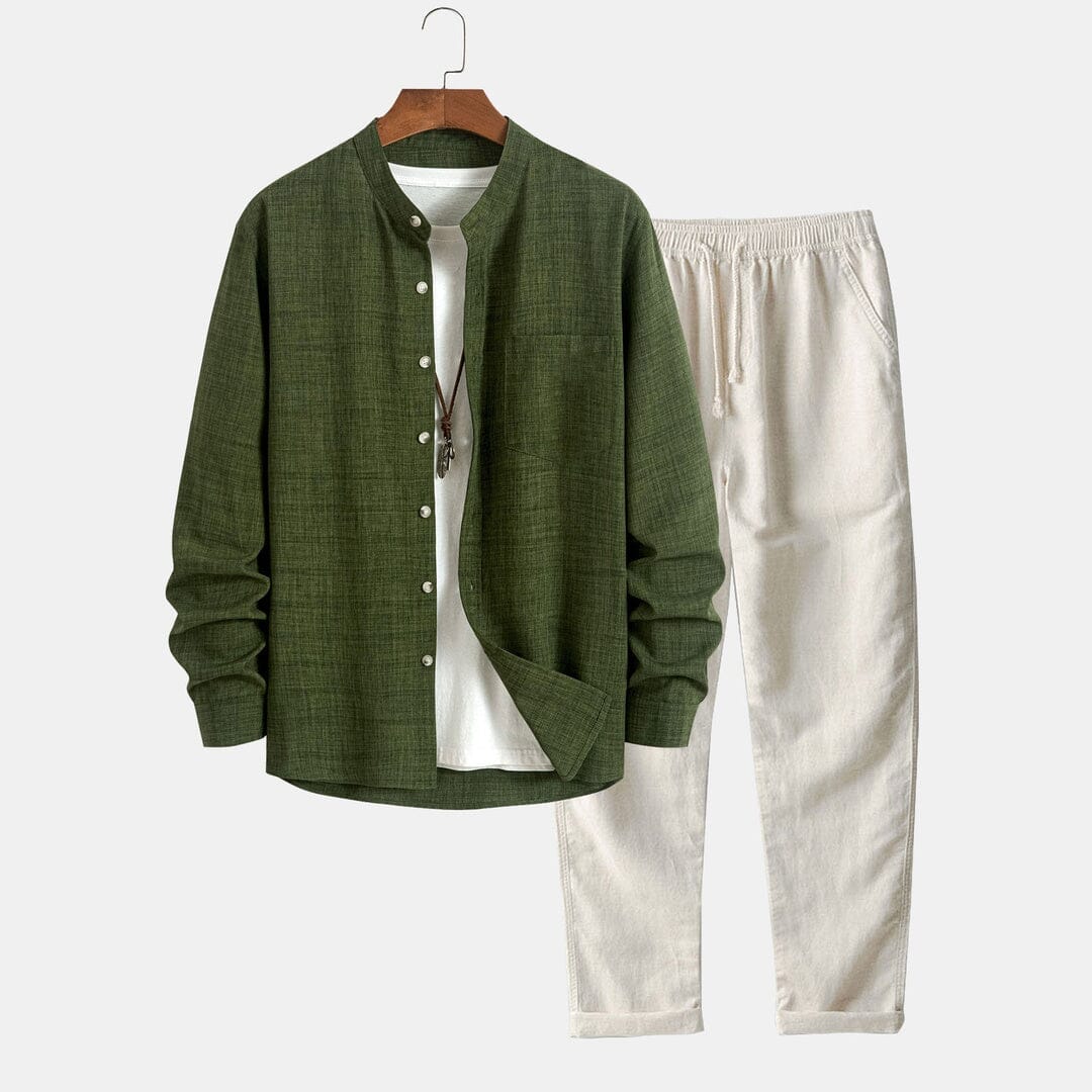 Herren Set Langarmhemd mit Stehkragen und Leinenhose Herren Set Langarmhemd mit Stehkragen und Leinenhose Eldenmark 