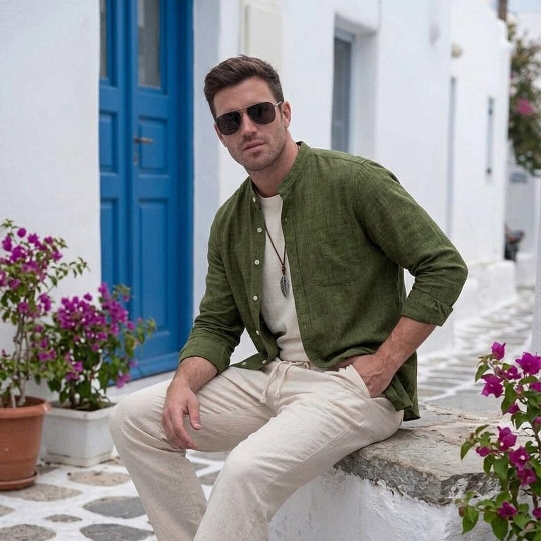 Herren Set Langarmhemd mit Stehkragen und Leinenhose Herren Set Langarmhemd mit Stehkragen und Leinenhose Eldenmark 