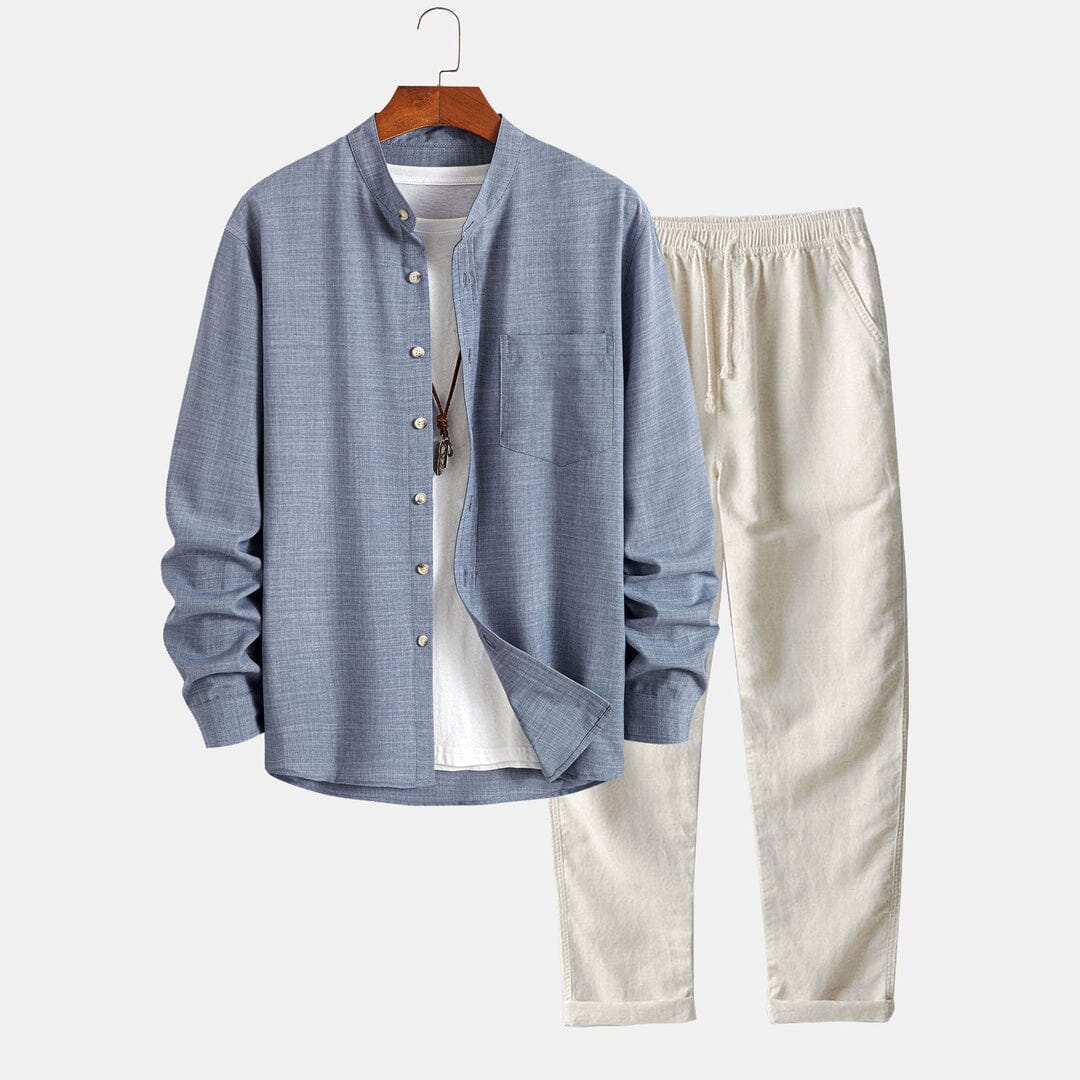 Herren Set Langarmhemd mit Stehkragen und Leinenhose Herren Set Langarmhemd mit Stehkragen und Leinenhose Eldenmark 