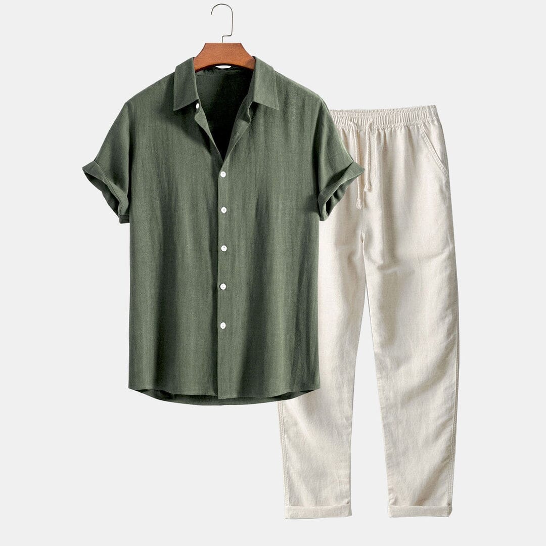 Herren Set Leinenhemd Kurzarm mit Sommerhose Herren Set Leinenhemd Kurzarm mit Sommerhose Eldenmark Grün S 