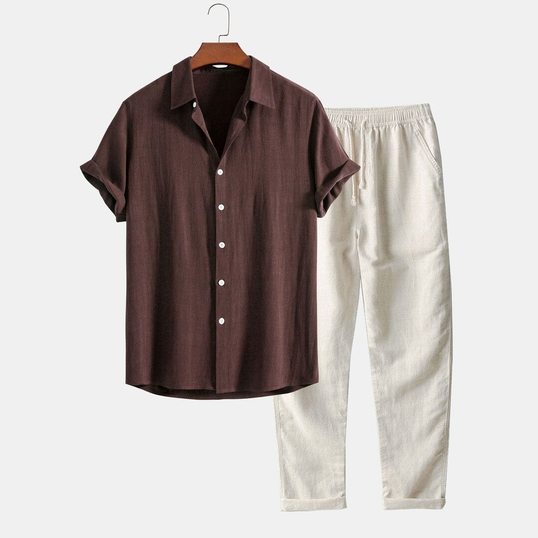 Herren Set Leinenhemd Kurzarm mit Sommerhose Herren Set Leinenhemd Kurzarm mit Sommerhose Eldenmark Kaffeebraun S 