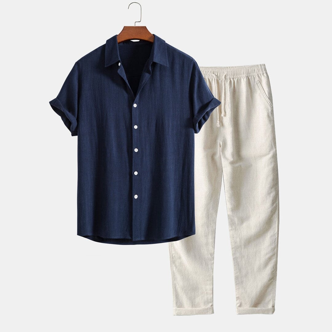 Herren Set Leinenhemd Kurzarm mit Sommerhose Herren Set Leinenhemd Kurzarm mit Sommerhose Eldenmark Navy S 
