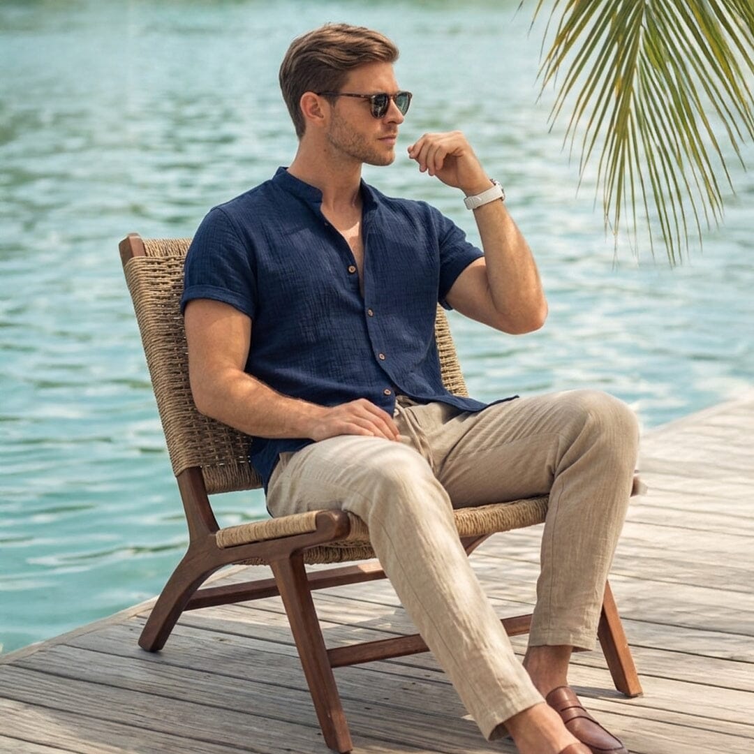 Herren Set Stehkragenhemd mit Leinenhose Herren Set Stehkragenhemd mit Leinenhose Eldenmark 