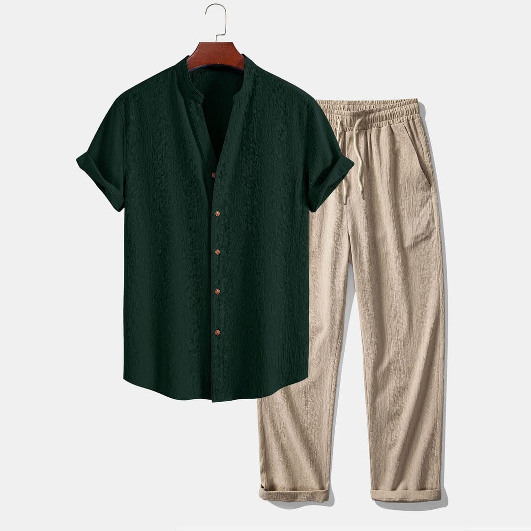 Herren Set Stehkragenhemd mit Leinenhose Herren Set Stehkragenhemd mit Leinenhose Eldenmark Dunkelgrün & Sand S 