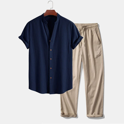 Herren Set Stehkragenhemd mit Leinenhose Herren Set Stehkragenhemd mit Leinenhose Eldenmark Navy & Sand S 