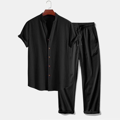 Herren Set Stehkragenhemd mit Leinenhose Herren Set Stehkragenhemd mit Leinenhose Eldenmark Schwarz & Schwarz S 