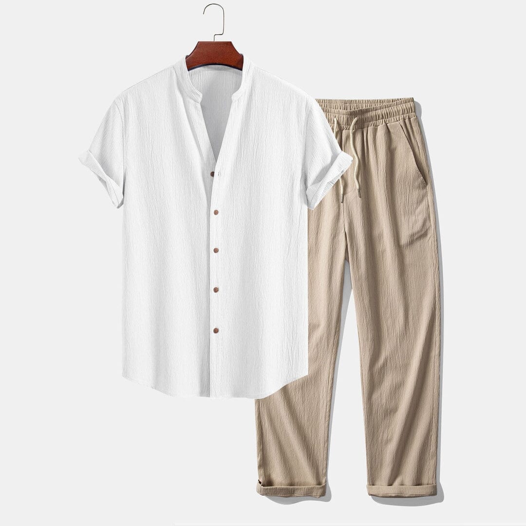 Herren Set Stehkragenhemd mit Leinenhose Herren Set Stehkragenhemd mit Leinenhose Eldenmark Weiß & Sand S 