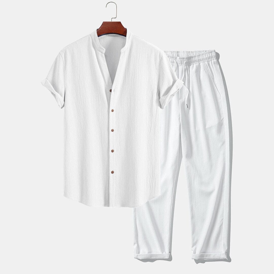Herren Set Stehkragenhemd mit Leinenhose Herren Set Stehkragenhemd mit Leinenhose Eldenmark Weiß & Weiß S 