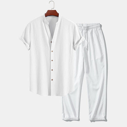 Herren Set Stehkragenhemd mit Leinenhose Herren Set Stehkragenhemd mit Leinenhose Eldenmark Weiß & Weiß S 