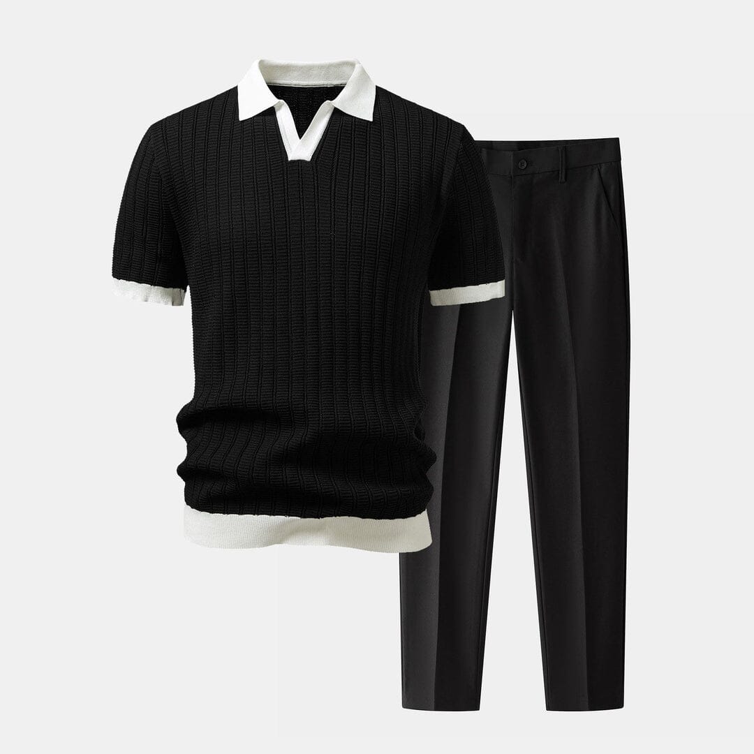Herren Set Strickpolo mit Anzughose Slim Fit Herren Set Strickpolo mit Anzughose Slim Fit Eldenmark Schwarz S 