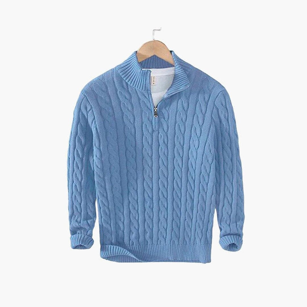 Herren Strickpullover Zopfmuster mit kurzem Reißverschluss Herren Strickpullover Zopfmuster mit kurzem Reißverschluss Eldenmark Hellblau S 