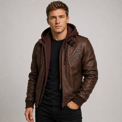 Lederjacke Herren Braun mit Abnehmbarer Kapuze Lederjacke Herren Braun mit Abnehmbarer Kapuze Eldenmark 