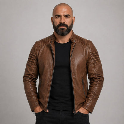 Lederjacke Herren Braun Slim Fit mit Stehkragen Lederjacke Herren Braun Slim Fit mit Stehkragen Eldenmark 