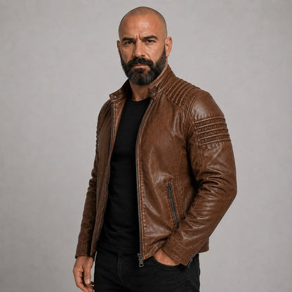 Lederjacke Herren Braun Slim Fit mit Stehkragen Lederjacke Herren Braun Slim Fit mit Stehkragen Eldenmark 