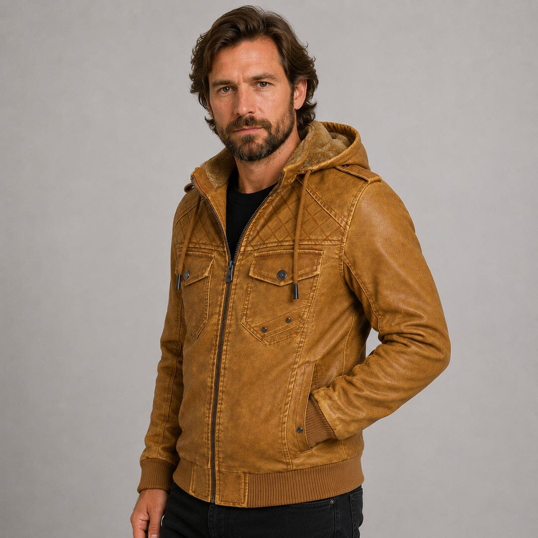Lederjacke Herren Camel mit Kapuze und Bändchen Lederjacke Herren Camel mit Kapuze und Bändchen Eldenmark 