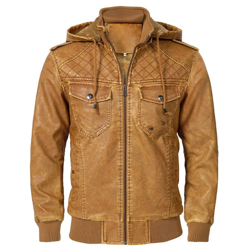 Lederjacke Herren Camel mit Kapuze und Bändchen