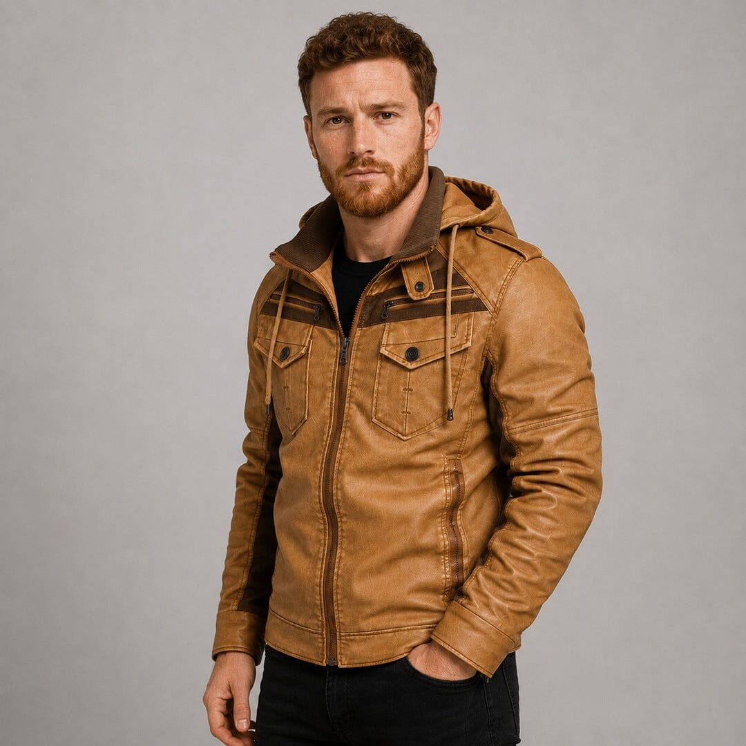 Lederjacke Herren Camel mit Kapuze und Brusttaschen Lederjacke Herren Camel mit Kapuze und Brusttaschen Eldenmark 