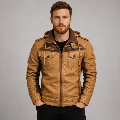 Lederjacke Herren Camel mit Kapuze und Brusttaschen Lederjacke Herren Camel mit Kapuze und Brusttaschen Eldenmark 