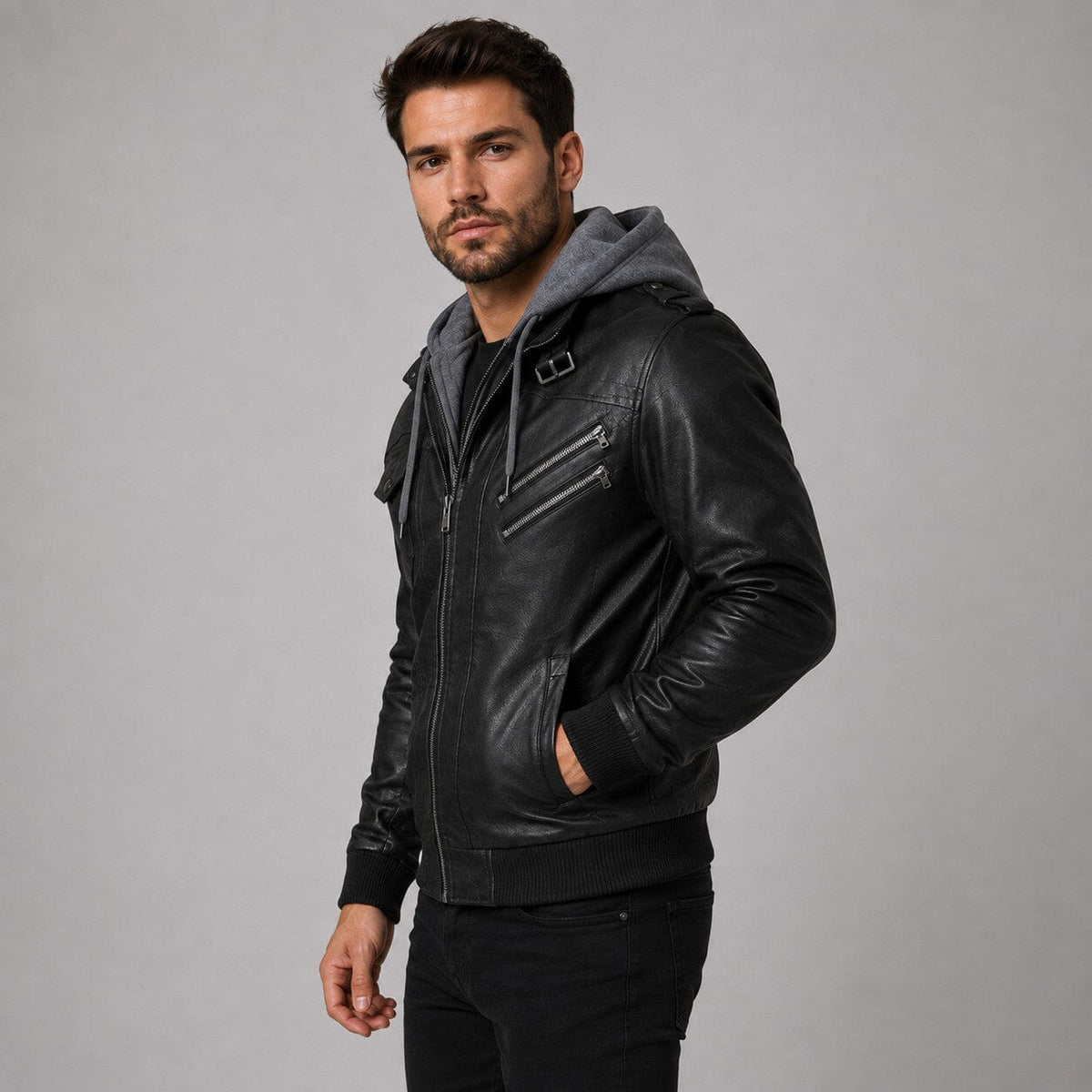 Lederjacke Herren Schwarz mit Abnehmbarer Kapuze Lederjacke Herren Schwarz mit Abnehmbarer Kapuze Eldenmark 